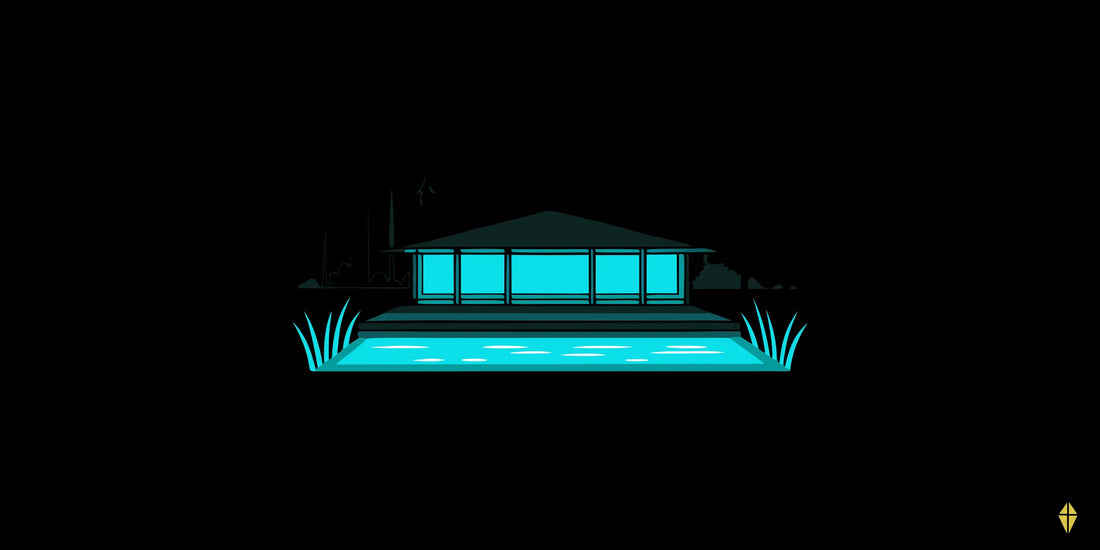 A serene transformation retreat center with a glowing pool at night.