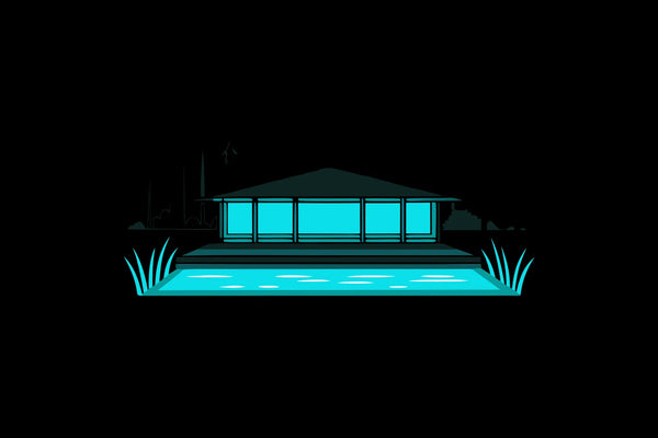 A serene transformation retreat center with a glowing pool at night.