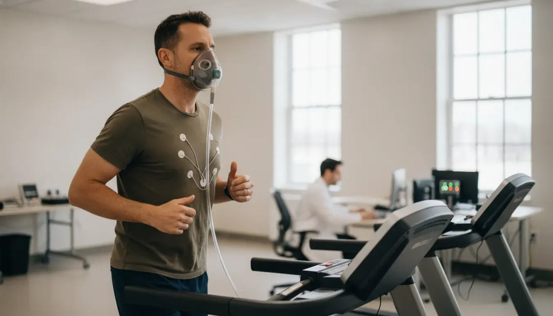 Busy professional completing a supervised VO2 max test on a treadmill