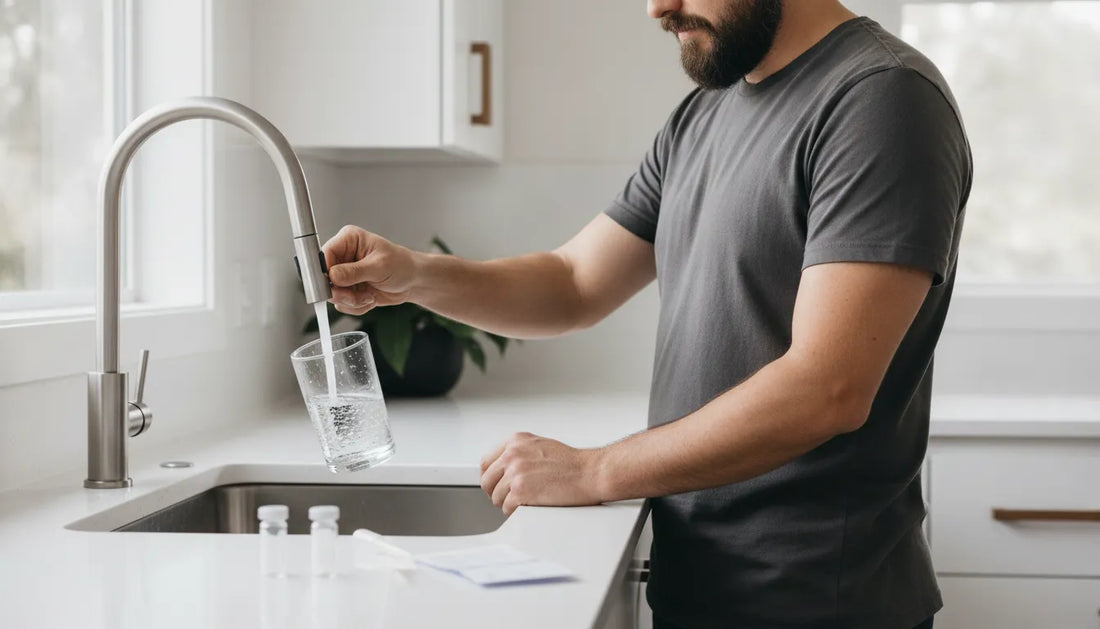 Person collecting a water quality test sample at a bright home faucet