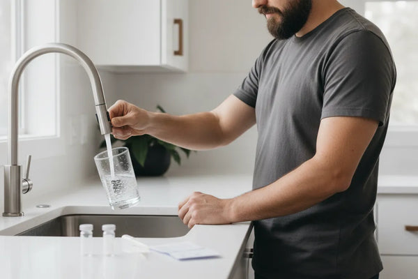 Person collecting a water quality test sample at a bright home faucet