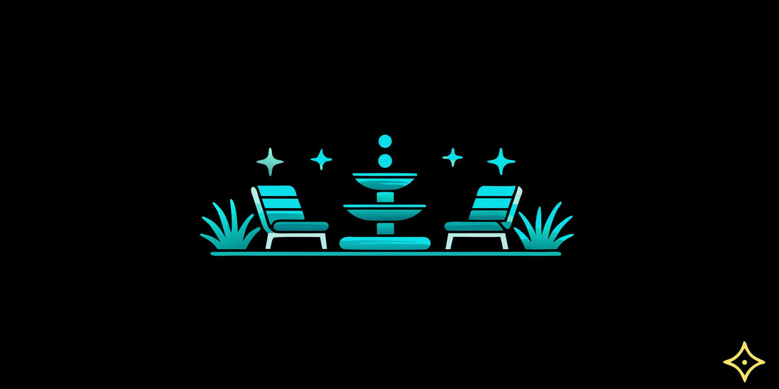 Modern lounge chairs by a fountain creating a serene, immersive wellness experience.