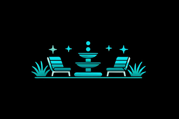 Modern lounge chairs by a fountain creating a serene, immersive wellness experience.
