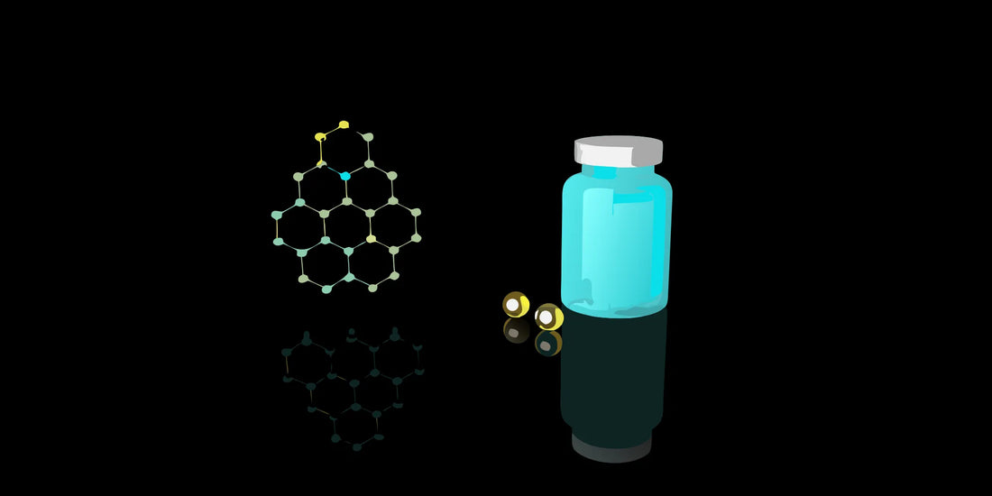 A bottle of NAD+ supplement capsules shown with its scientific molecular structure.