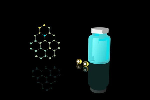 A bottle of NAD+ supplement capsules shown with its scientific molecular structure.