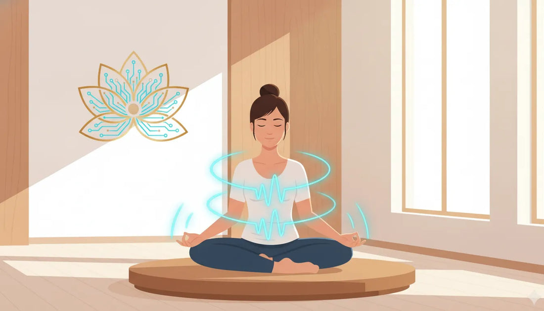 A person meditating in a bright modern room with soft glowing light, blending ancient embodiment practice with modern science