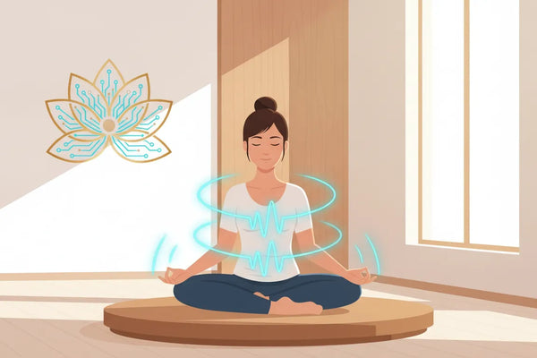 A person meditating in a bright modern room with soft glowing light, blending ancient embodiment practice with modern science