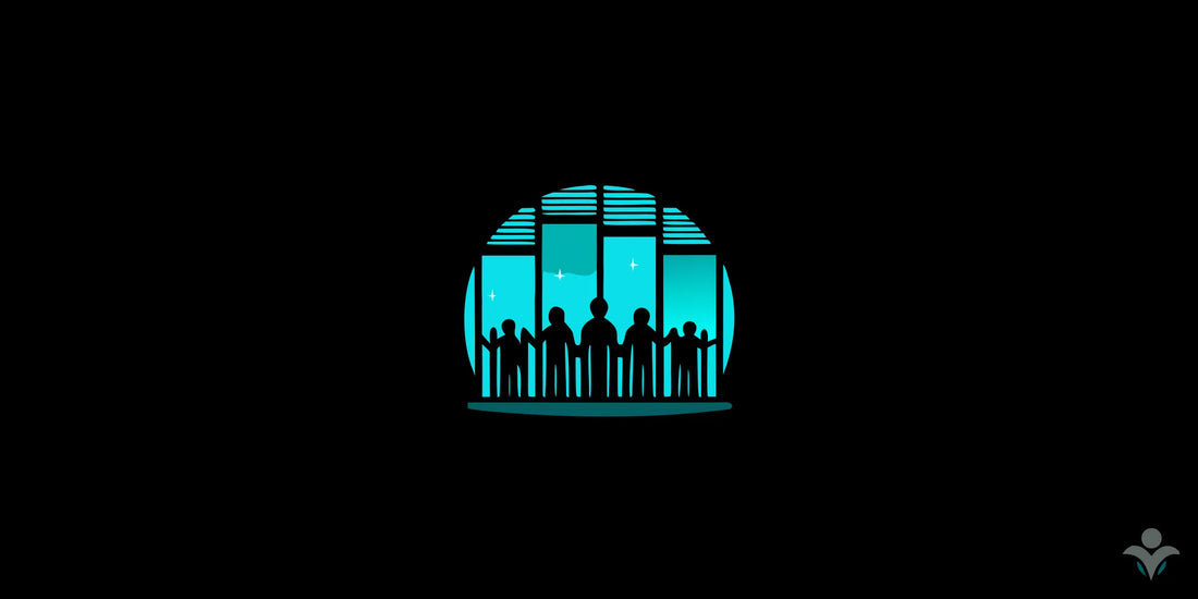 Silhouettes of a team practicing conscious leadership by holding hands in front of a window.