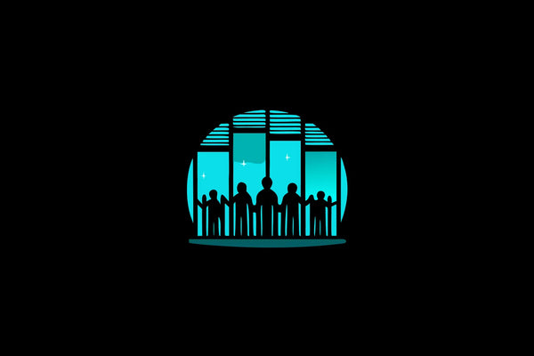 Silhouettes of a team practicing conscious leadership by holding hands in front of a window.