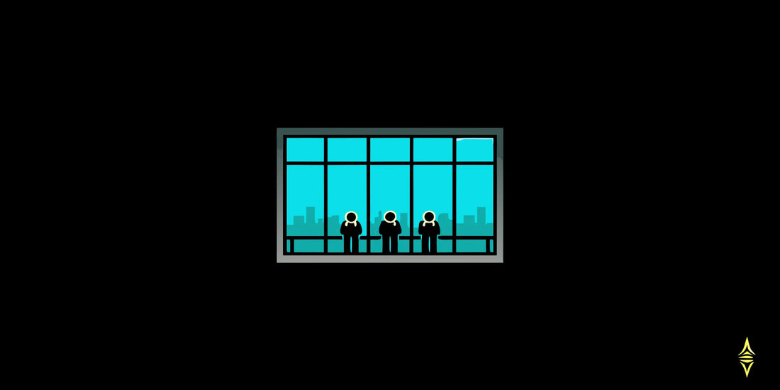 Three leaders exemplify conscious leadership above the line in a meeting overlooking the city.
