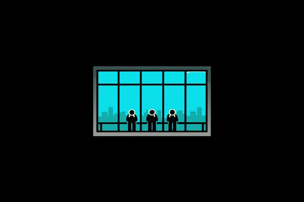 Three leaders exemplify conscious leadership above the line in a meeting overlooking the city.