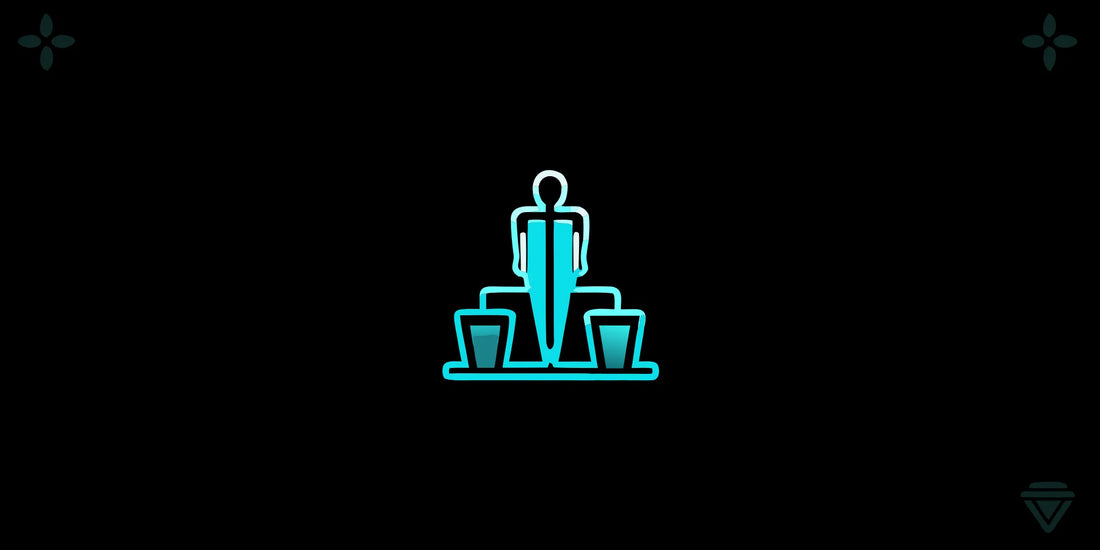 A blue icon of an employee on a podium for a company health and wellness program.