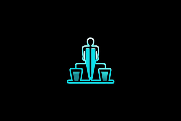 A blue icon of an employee on a podium for a company health and wellness program.