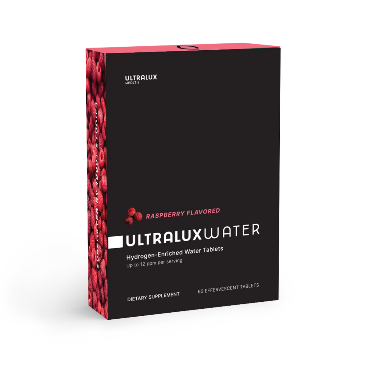 The Refreshing Rasbperry hydrogen water tablets flavor by UltraLux Health. The UltraLux Water Tablets are the best hydrogen tablets. This is the front of the 60 count box for the raspberry flavor.